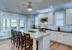 Beautiful luxury kitchen with quarz countertops and view windows.
